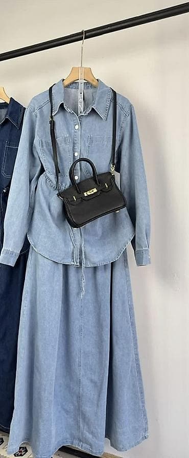 платья джинсовые: Джинсовый комплект: рубашка + длинная юбка - Материал: хлопковый — 1