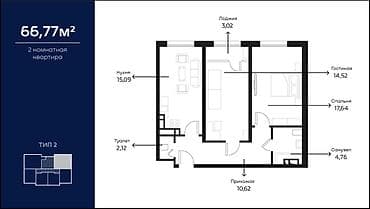2 комнаты, 68 м², Элитка, 7 этаж, Евроремонт
