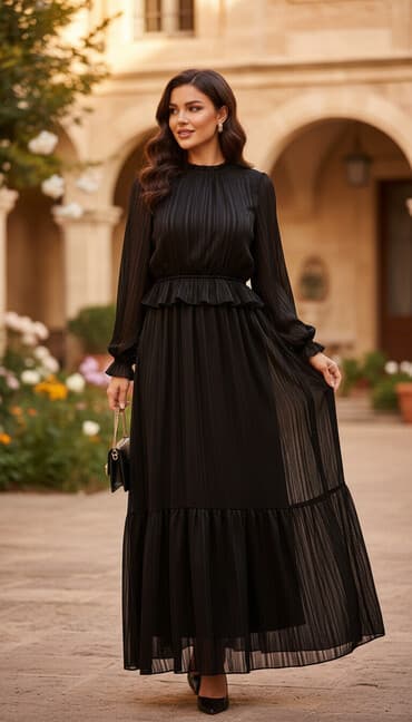 вечерние платья для полных женщин из шифона: Вечернее платье, Длинная модель, С рукавами, S — 1