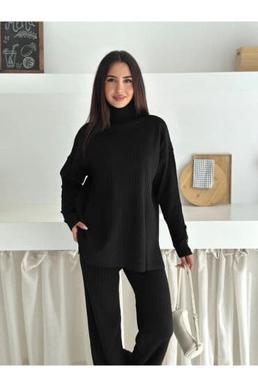 трикотажные брюки: Женский костюм двойка Свитер с высокой горловиной Брюки прямого кроя — 5