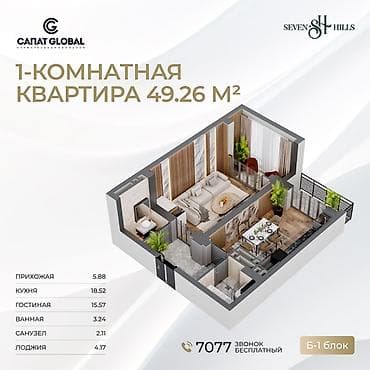 бизнесы: 1 комната, 49 м², Индивидуалка, 16 этаж, ПСО (под самоотделку) — 4