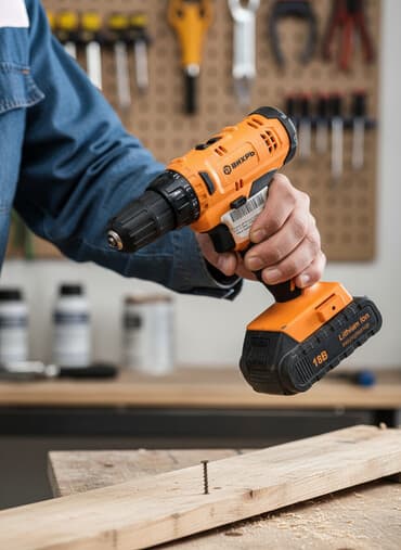 Строительный магазин "Хозмаг": Аккумуляторная дрель-шуруповерт "Вихрь" в оранжево-черном корпусе