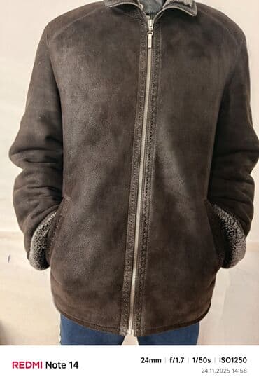 tech fleese: Мужская дублёнка-пальто, чёрная. - Материал: натуральная кожа — 6