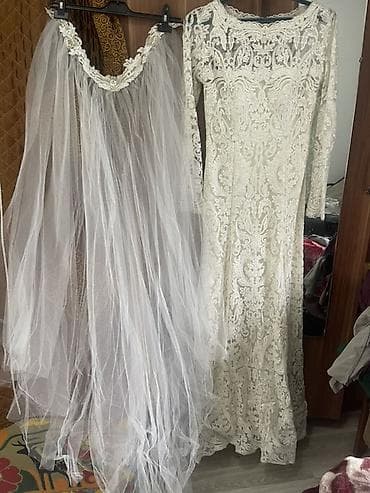 кольцо под платье: Ажурное свадебное (можно на кыз узатуу)платье со шлейфом - Силуэт — 4