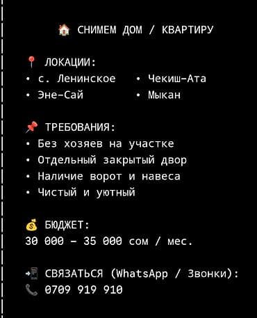 ленинском: Ищем в аренду дом/квартиру. Локации: - с. Ленинское - Эне-Сай - — 1