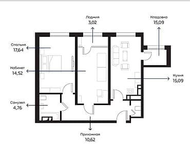 107: 2 комнаты, 70 м², Элитка, 8 этаж, Готовая ПСО (под самоотделку) — 3