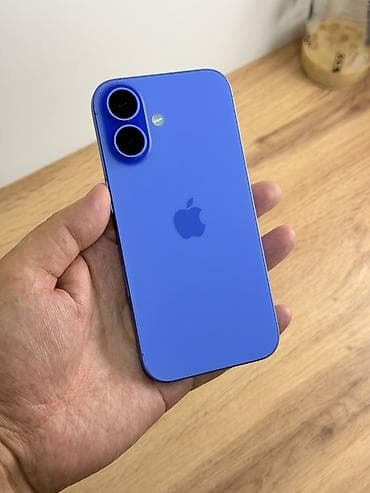 IPhone 16, Б/у, 128 ГБ, Синий, Защитное стекло, Чехол, 90 %