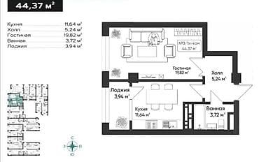 1 комната, 45 м², Элитка, 7 этаж, Готовая ПСО (под самоотделку)