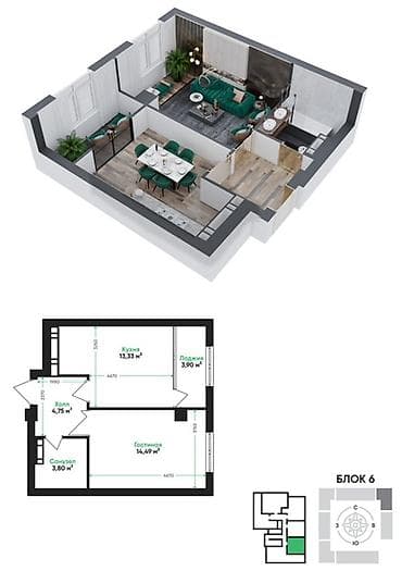 1 комната, 40 м²