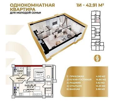 asman resıdens: 1 комната, 43 м², Элитка, 4 этаж, Готовая ПСО (под самоотделку) — 2