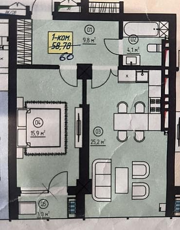 Продажа квартир: 1 комната, 60 м², Элитка, 5 этаж, Готовая ПСО (под самоотделку) — 2