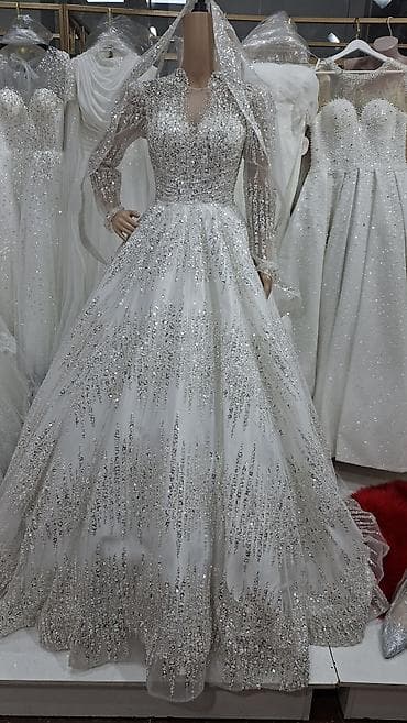 свадебные платья с камнями: Свадебное платье, Со шлейфом, Фатин, Пышное, Пайетки, Новый — 2