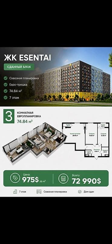 72: Сдан, Элитка, 3 комнаты, 74 м² — 1