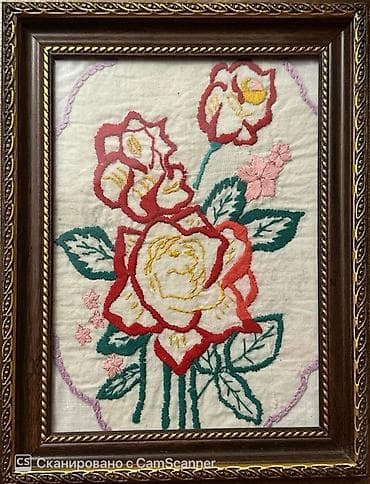 Ручная вышивка «Розы» в раме.Размер:20-15 - Сюжет: букет роз с