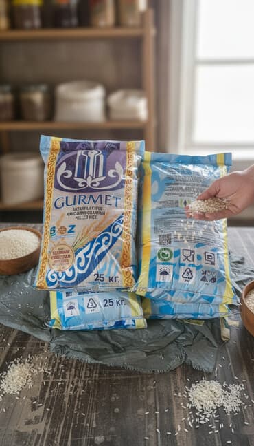 кукурузные хлопья: Рис шлифованный, фасовка по 25 кг. - Марки на упаковках: «Gourmet» — 1