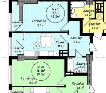700: 1 комната, 44 м², Шлагбаум Элитка, 4 этаж, ПСО (под самоотделку) — 3