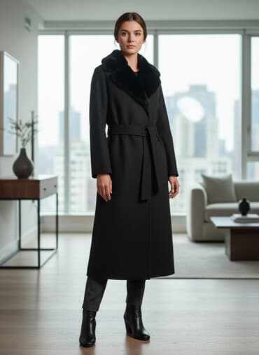 вечернее платье из франции: Длинное тёплое пальто с поясом и меховым воротником - Цвет — 1