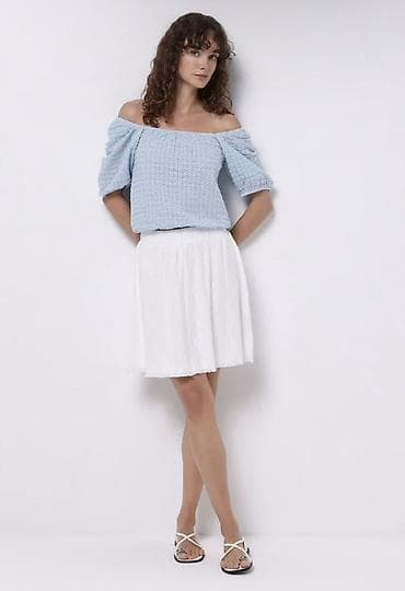 Пляж үчүн кийимдер: Голубой вязаный топ с открытыми плечами - Силуэт: прямой — 3