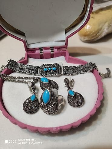 золото серьги кольцо: Бирюза + марказиты. Капельное серебро. Шикарный комплект!!! из 5 — 4