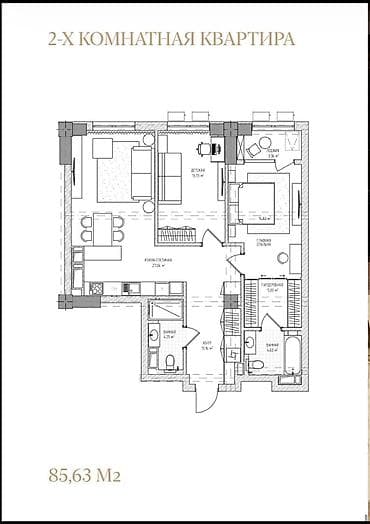 pro group: 2 комнаты, 80 м², Асанбай мкр Элитка, 4 этаж, ПСО (под самоотделку) — 2