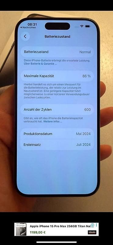 iphone 14 max: IPhone 15 Pro, Б/у, 256 ГБ, Natural Titanium, Кабель, Коробка, 86 % — 1