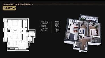 open space: 2 комнаты, 84 м², Кок-Жар мкр Элитка, 8 этаж, ПСО (под самоотделку) — 1