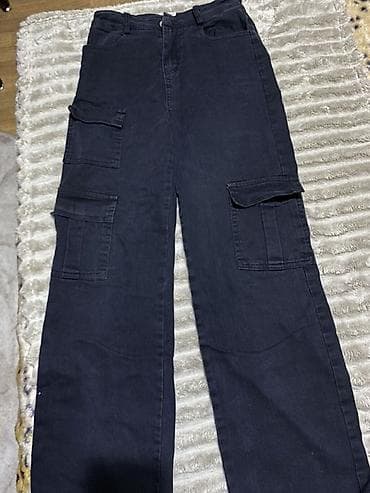 брюки джинсовые: Черные карго-джинсы прямого кроя. - Цвет: черный графит - Посадка — 1