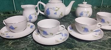 Чайный сервиз на 4 персоны, фарфор, белый с голубым цветочным декором