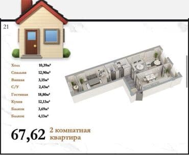 долгосрочная квартира бишкек васток 5: 2 комнаты, 67 м², Элитка, 5 этаж, ПСО (под самоотделку) — 2