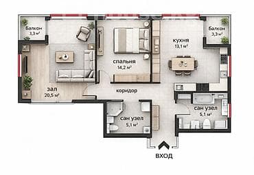 2 комнаты, 70 м², Элитка, 12 этаж