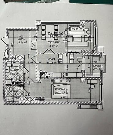 элитные дом: 2 комнаты, 96 м², Элитка, 7 этаж, ПСО (под самоотделку) — 2