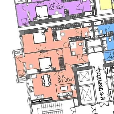 14: 3 комнаты, 91 м², Кок-Жар мкр Элитка, 10 этаж, ПСО (под самоотделку) — 2