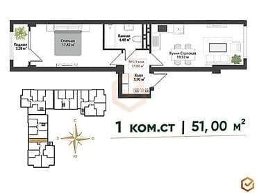 мадина резиденс: 1 комната, 51 м², ул. Алматинка / Чуй Элитка, 15 этаж, ПСО (под самоотделку) — 1
