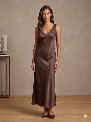 Личные вещи: Атласное платье в длине миди, цвет шоколад — 1