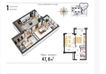 ош продажа квартира: 1 комната, 48 м², Элитка, 16 этаж, ПСО (под самоотделку) — 14