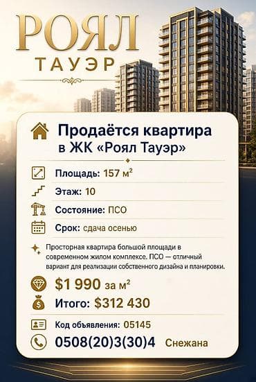 жк роял тауэр: 4 комнаты, 157 м², Элитка, 10 этаж, ПСО (под самоотделку) — 1