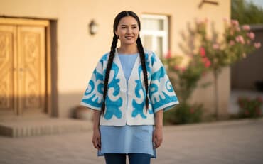 туника трикотажная: Легкая этническая накидка из тонкой белой ткани с вручную нанесенным — 1