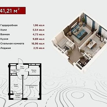 Кыймылсыз мүлк: 1 бөлмө, 41 м², Элитка, 7 кабат, Даяр ПСО (өзү оңдоп түзөтүп бүтүү үчүн) — 3