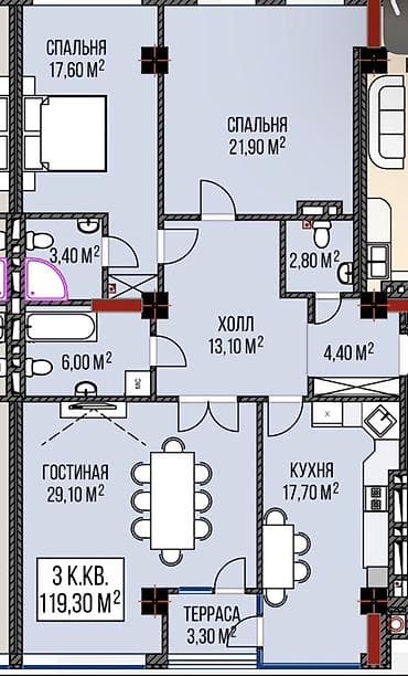 2 bedroom: 3 комнаты, 119 м², Асанбай мкр Элитка, 2 этаж, ПСО (под самоотделку) — 4