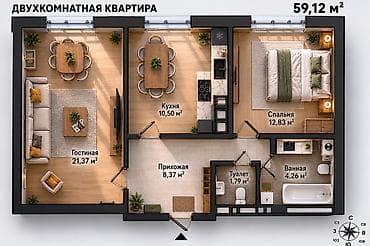 1 комната, 45 м², Элитка, 1 этаж, Готовая ПСО (под самоотделку)