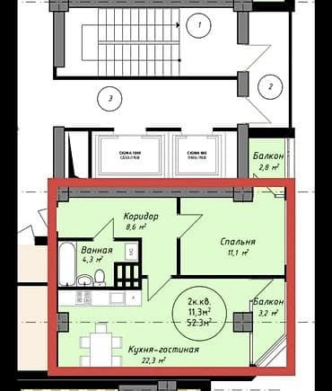 жилой дом в оше: 2 комнаты, 53 м², Элитка, 11 этаж, Готовая ПСО (под самоотделку) — 4