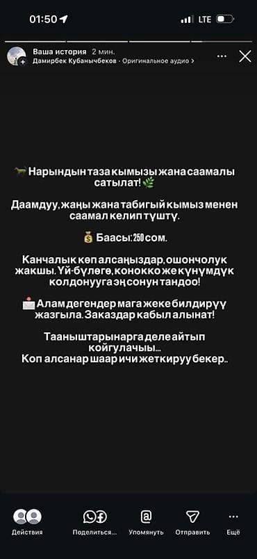 Кымыз и саамал из Нарына - Натуральный, свежий и вкусный кымыз, а