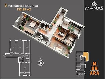 продаю квартиру район пишпек: 3 комнаты, 133 м², Элитка, Готовая ПСО (под самоотделку) — 5