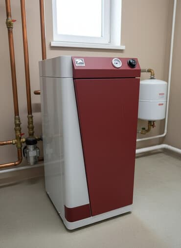 напольные газовые котлы: Напольный газовый котел «Лемакс» в бордовом корпусе с белыми боковыми — 1