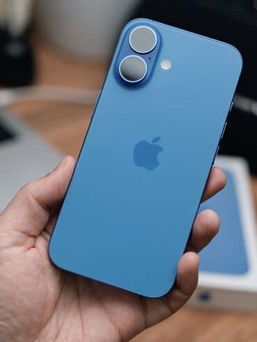 IPhone 16, Б/у, 128 ГБ, Синий, Зарядное устройство, Защитное стекло, Чехол, 91 %