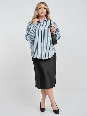 женские льняные рубашки: Рубашка, Классическая модель, Оверсайз, В полоску, Китай — 2