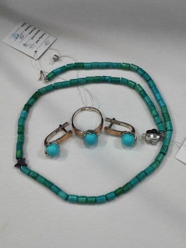 свадебные наборы ручной: Серебряный Комплект+ Бусы Бирюза Серебро с напылением золото Размеры — 1