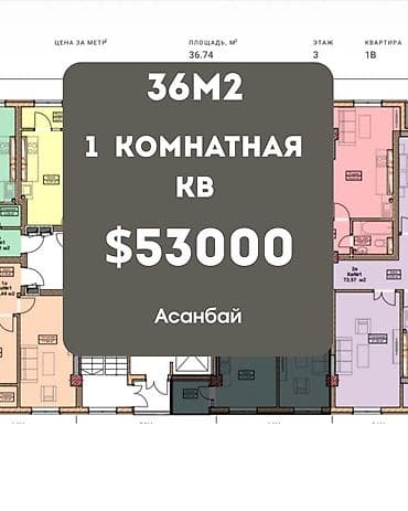 Квартиры: 1 комната, 36 м², Асанбай мкр Элитка, 3 этаж, ПСО (под самоотделку) — 1