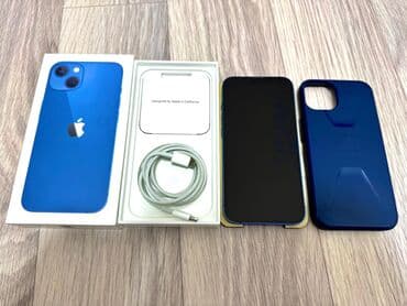 IPhone 13, Б/у, 256 ГБ, Синий, Зарядное устройство, Защитное стекло, Кабель, 71 %