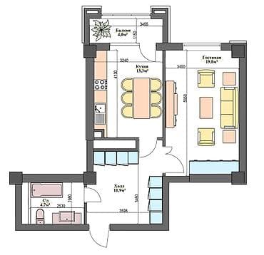 квартиры покупка: 1 комната, 53 м², Элитка, 3 этаж, Готовая ПСО (под самоотделку) — 2